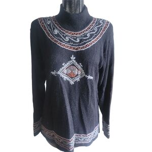 Lana Lee Black Wool Blend Sweater with Embroidered Design L